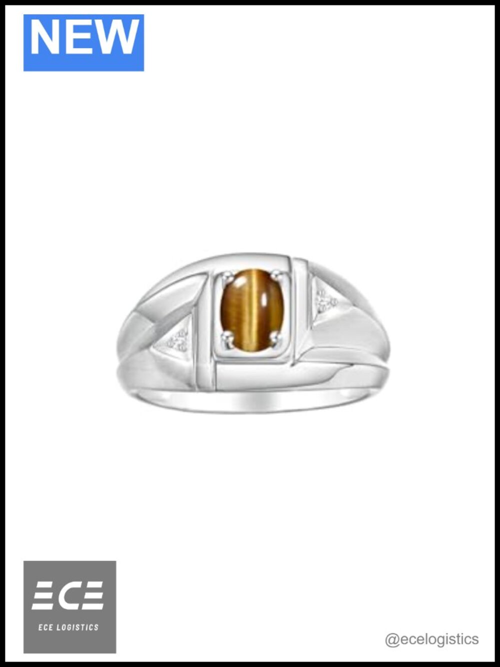 Sterling Silver Oval Tiger Eye & Diamond Solitaire Ring